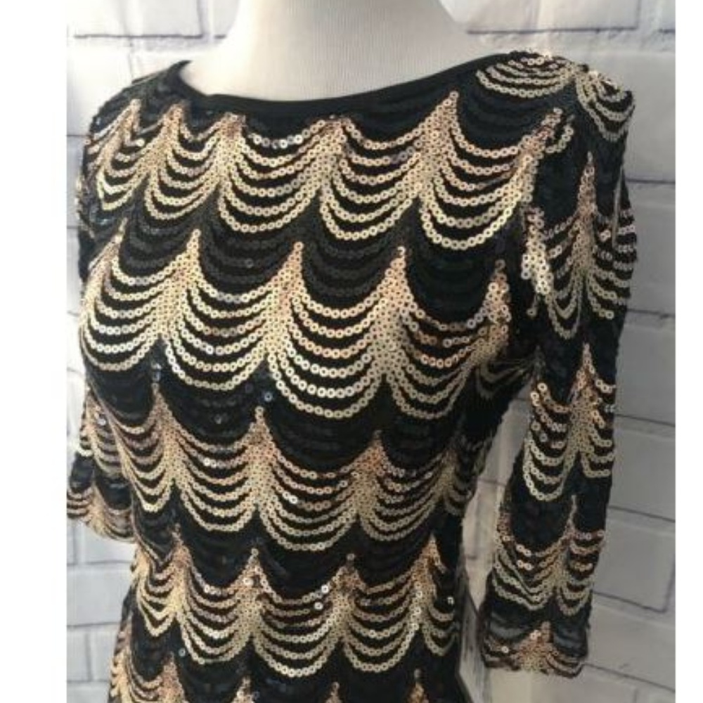 NWT Crystal Doll Sequin Dress Black Gold Scallop - Picture 2 of 6